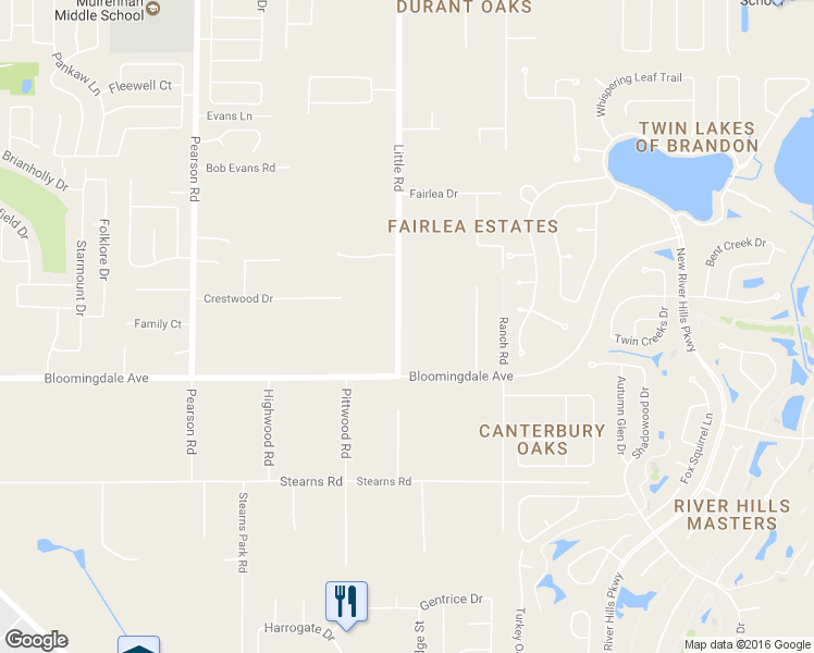 map of restaurants, bars, coffee shops, grocery stores, and more near 3310 Little Road in Valrico