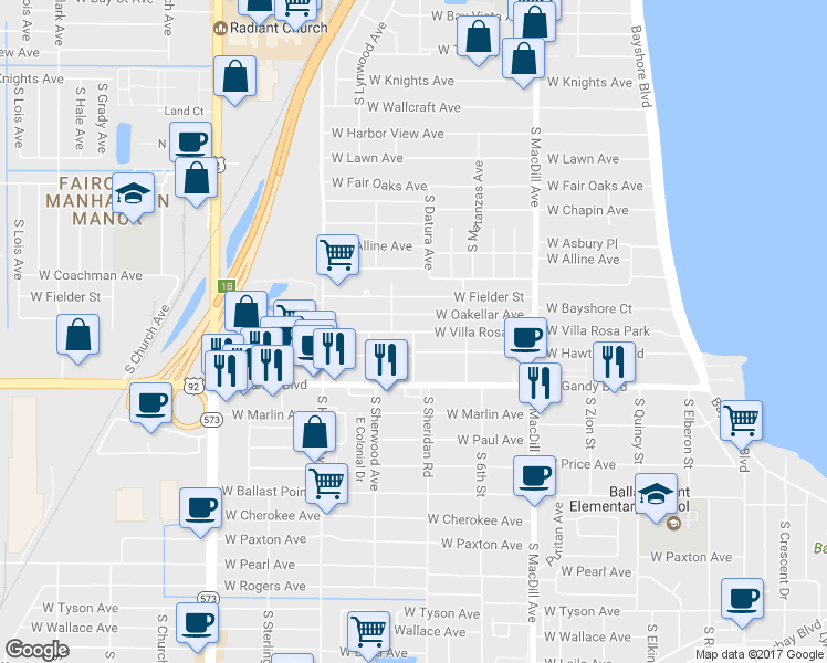 map of restaurants, bars, coffee shops, grocery stores, and more near 3249 West Villa Rosa Street in Tampa