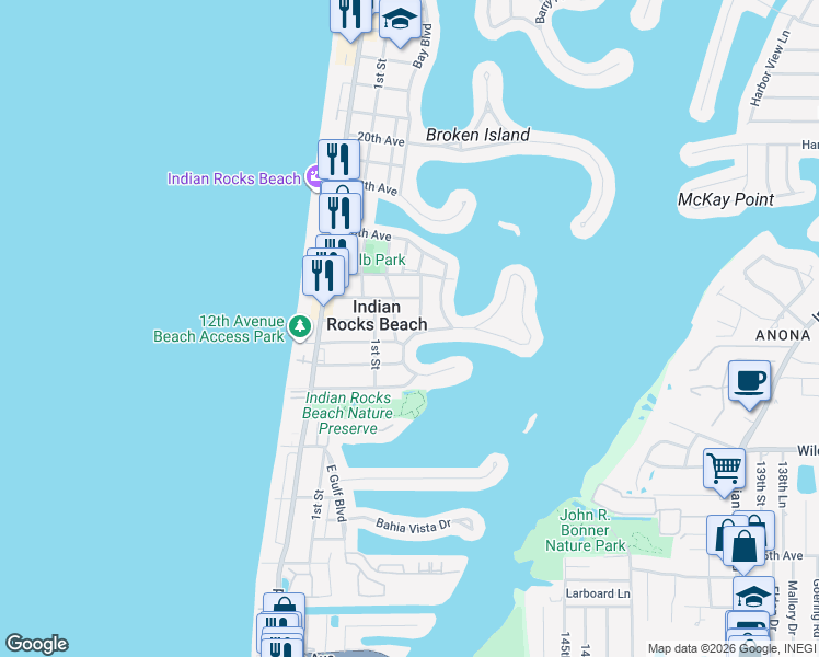 map of restaurants, bars, coffee shops, grocery stores, and more near 306 12th Avenue in Indian Rocks Beach