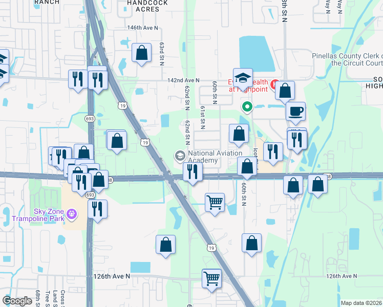 map of restaurants, bars, coffee shops, grocery stores, and more near 13600 61st Way North in Clearwater