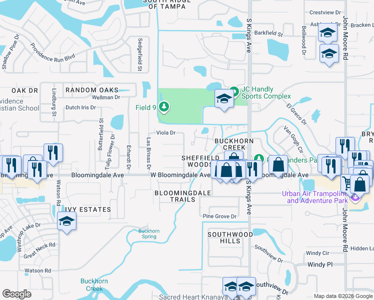 map of restaurants, bars, coffee shops, grocery stores, and more near 3208 Countryside Street in Brandon
