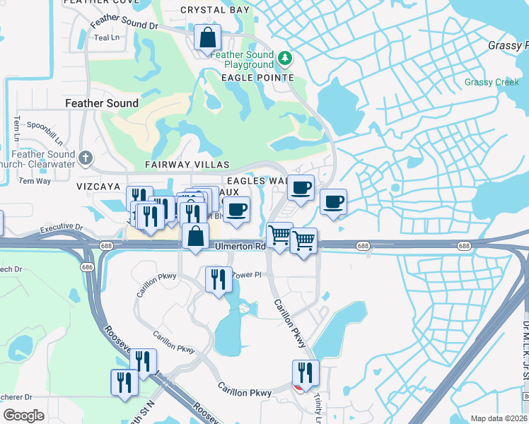 map of restaurants, bars, coffee shops, grocery stores, and more near 13587 Heron Circle in Clearwater
