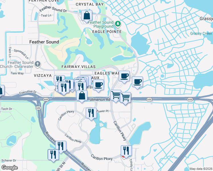 map of restaurants, bars, coffee shops, grocery stores, and more near 13587 Heron Circle in Clearwater