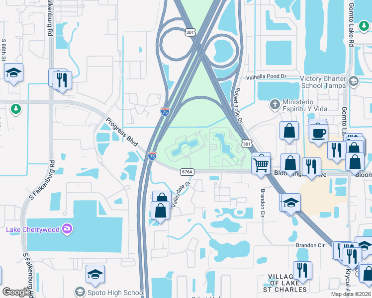map of restaurants, bars, coffee shops, grocery stores, and more near 9700 Tranquility Lake Circle in Riverview