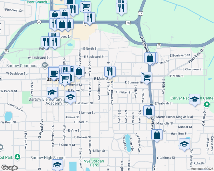 map of restaurants, bars, coffee shops, grocery stores, and more near 870 East Gay Street in Bartow