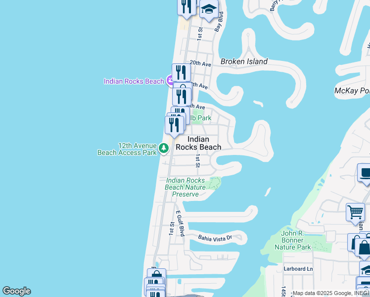 map of restaurants, bars, coffee shops, grocery stores, and more near 109 13th Avenue in Indian Rocks Beach