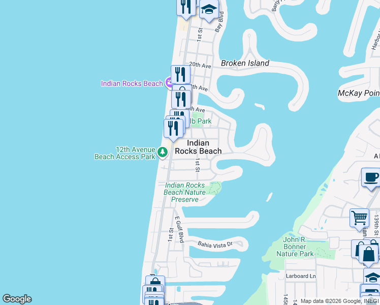 map of restaurants, bars, coffee shops, grocery stores, and more near 109 13th Avenue in Indian Rocks Beach