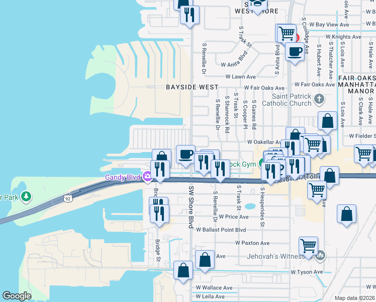 map of restaurants, bars, coffee shops, grocery stores, and more near 14 1st Boulevard in Tampa