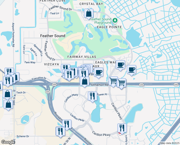 map of restaurants, bars, coffee shops, grocery stores, and more near 2453 Egret Boulevard in Clearwater