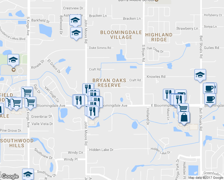 map of restaurants, bars, coffee shops, grocery stores, and more near 3209 Bloomingdale Villas Court in Brandon