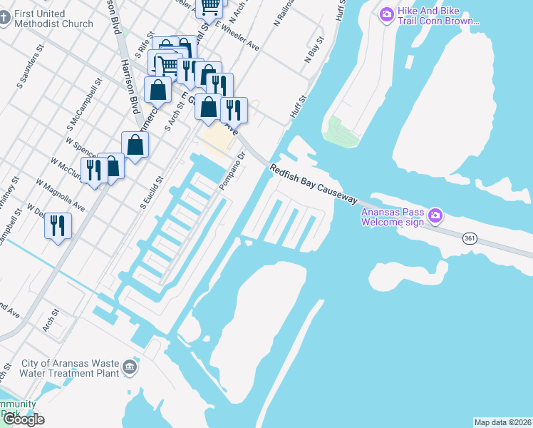 map of restaurants, bars, coffee shops, grocery stores, and more near 131 Sea Mist Drive in Aransas Pass