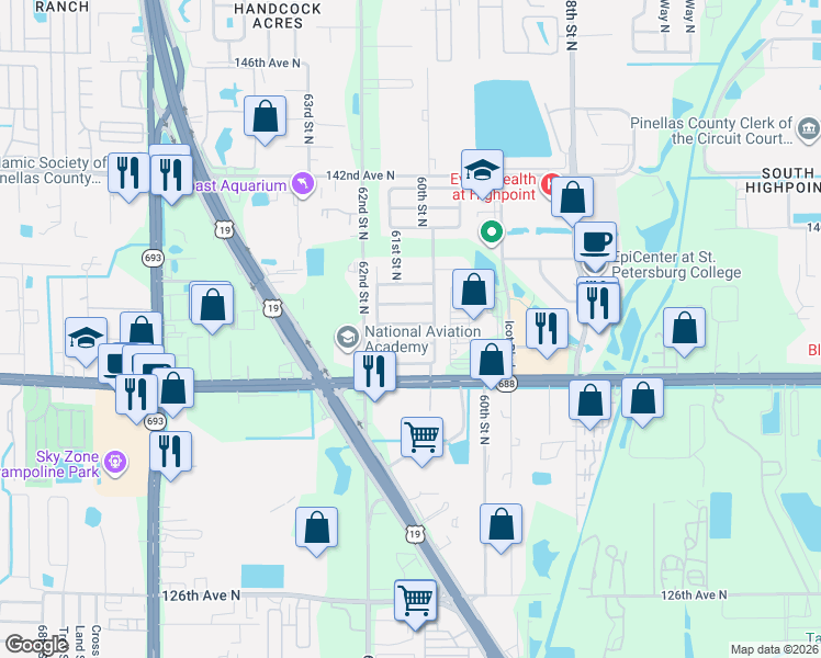 map of restaurants, bars, coffee shops, grocery stores, and more near 6052 137th Avenue North in Clearwater