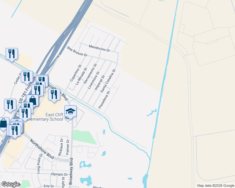 map of restaurants, bars, coffee shops, grocery stores, and more near 1035 Pasadena Street in Portland