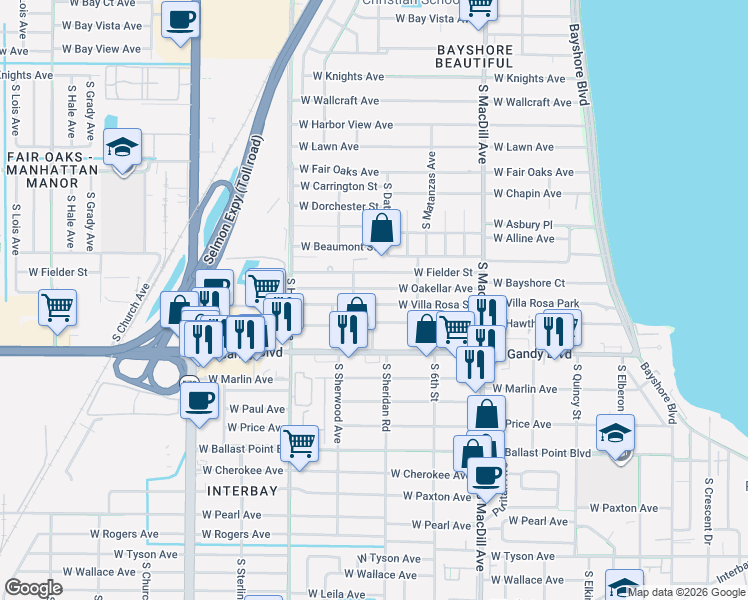 map of restaurants, bars, coffee shops, grocery stores, and more near 3223 West Villa Rosa Street in Tampa