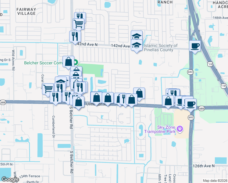 map of restaurants, bars, coffee shops, grocery stores, and more near 299-319 El Centro Boulevard West in Largo