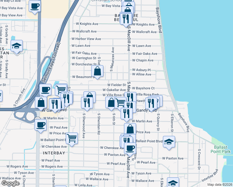 map of restaurants, bars, coffee shops, grocery stores, and more near 3123 West Villa Rosa Street in Tampa