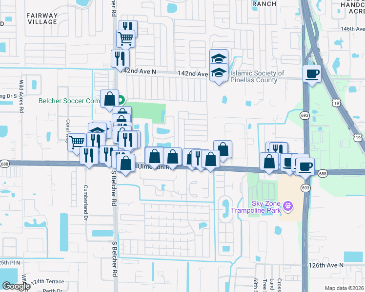 map of restaurants, bars, coffee shops, grocery stores, and more near 299-319 El Centro Boulevard West in Largo