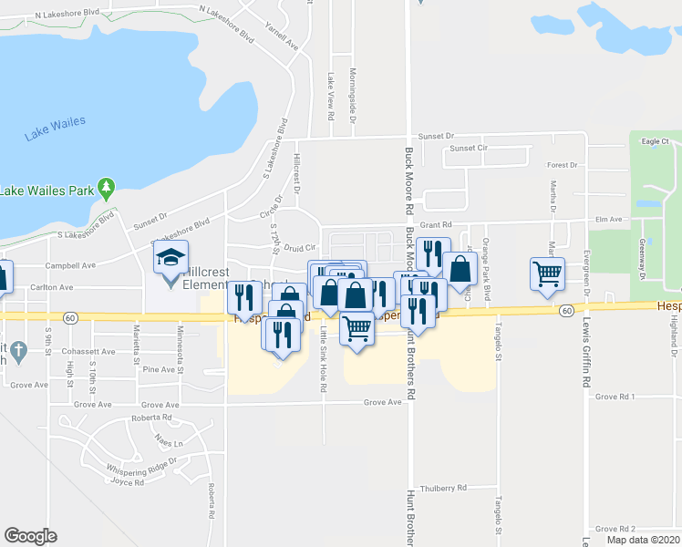 map of restaurants, bars, coffee shops, grocery stores, and more near 1307 Bryn Mawr Avenue in Lake Wales