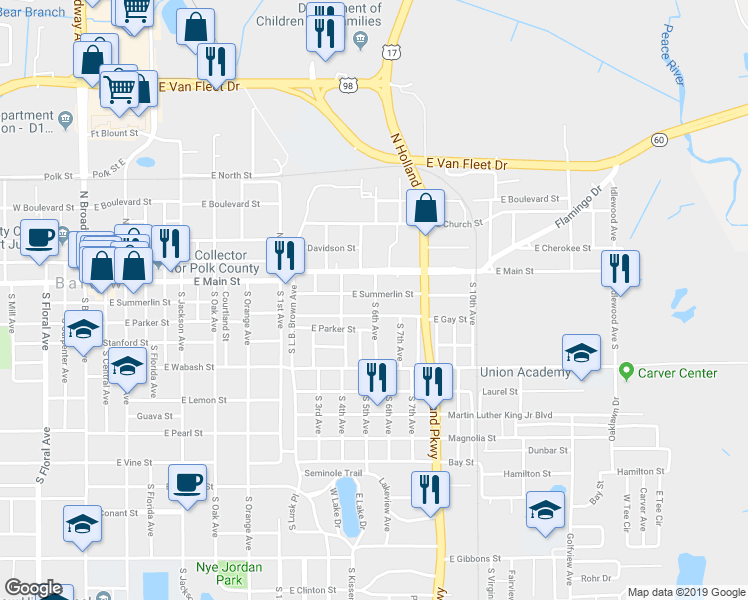 map of restaurants, bars, coffee shops, grocery stores, and more near 1195 East Summerlin Street in Bartow