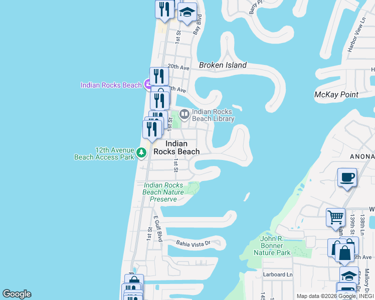 map of restaurants, bars, coffee shops, grocery stores, and more near 306 12th Avenue in Indian Rocks Beach
