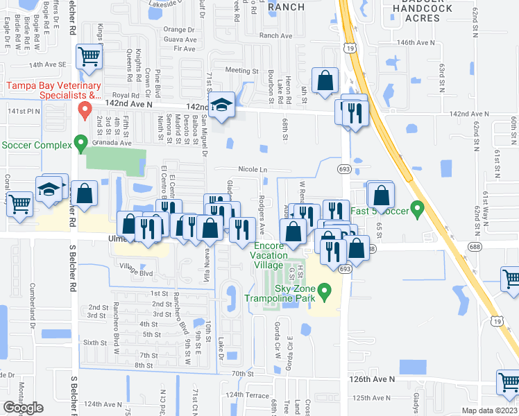 map of restaurants, bars, coffee shops, grocery stores, and more near 96 Glades Cir in Largo