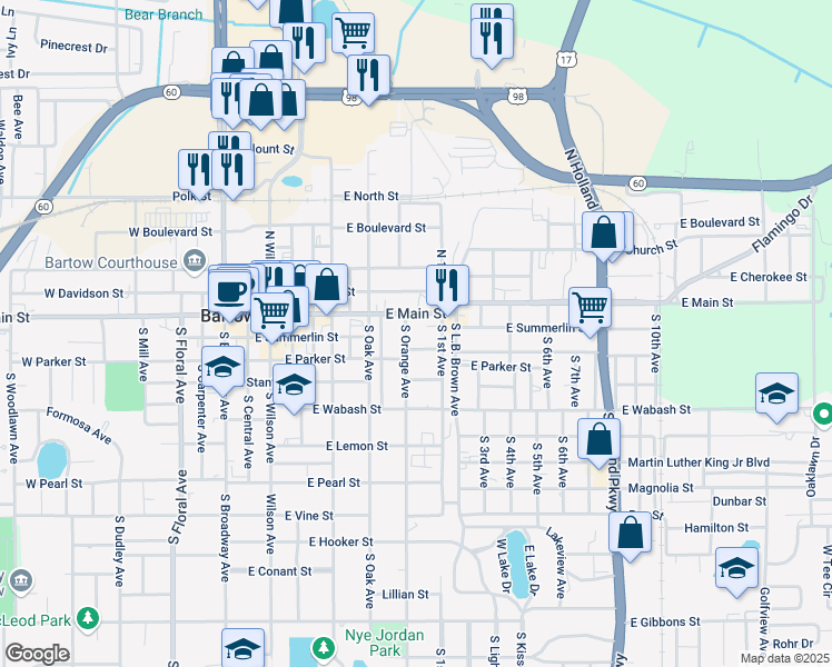 map of restaurants, bars, coffee shops, grocery stores, and more near 870 East Gay Street in Bartow