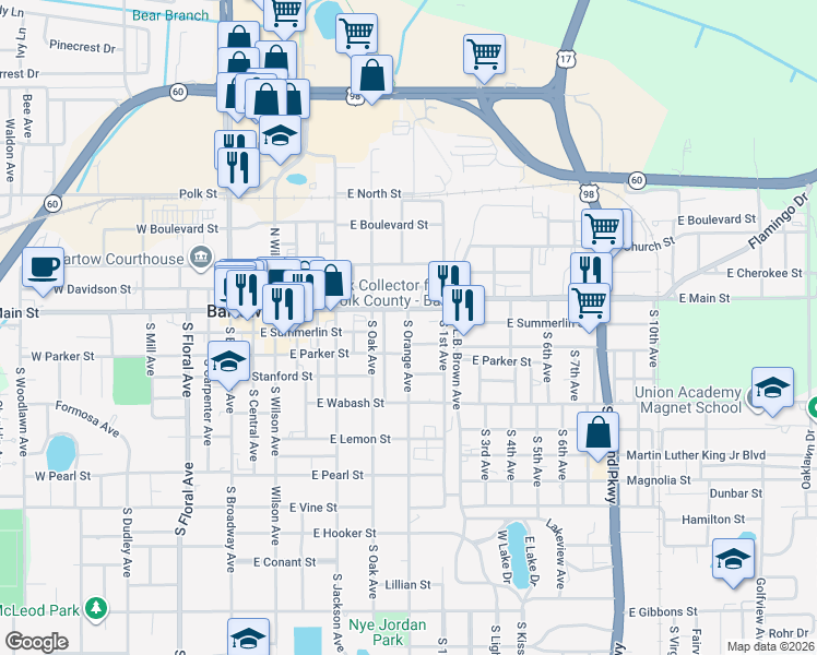map of restaurants, bars, coffee shops, grocery stores, and more near 270 Courtland Street in Bartow