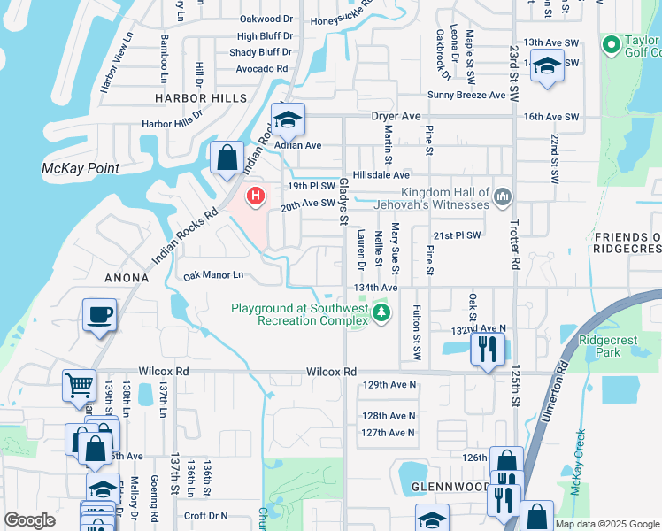map of restaurants, bars, coffee shops, grocery stores, and more near 2200 Gladys Street in Largo