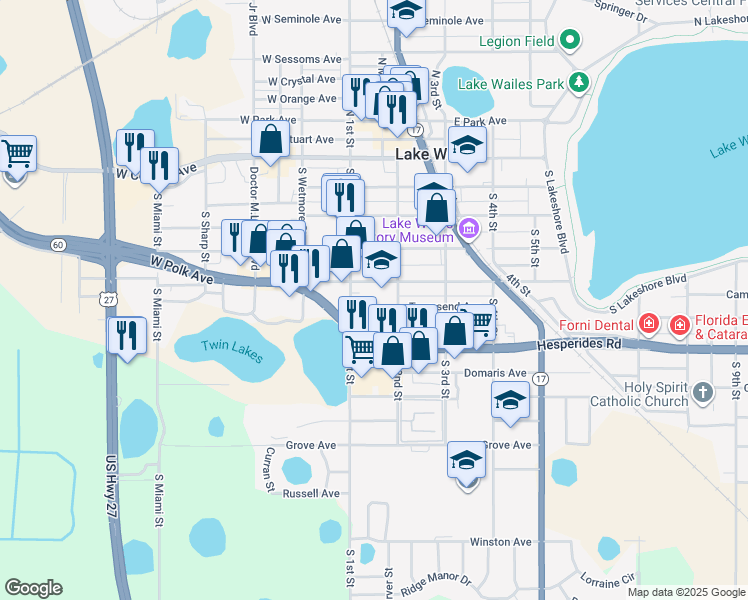 map of restaurants, bars, coffee shops, grocery stores, and more near 110 East Polk Avenue in Lake Wales