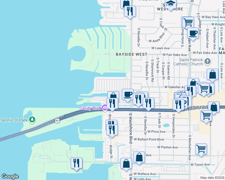map of restaurants, bars, coffee shops, grocery stores, and more near 5000 Culbreath Key Way in Tampa