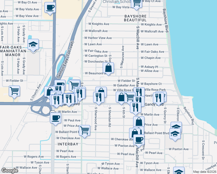 map of restaurants, bars, coffee shops, grocery stores, and more near 3220 West Villa Rosa Street in Tampa