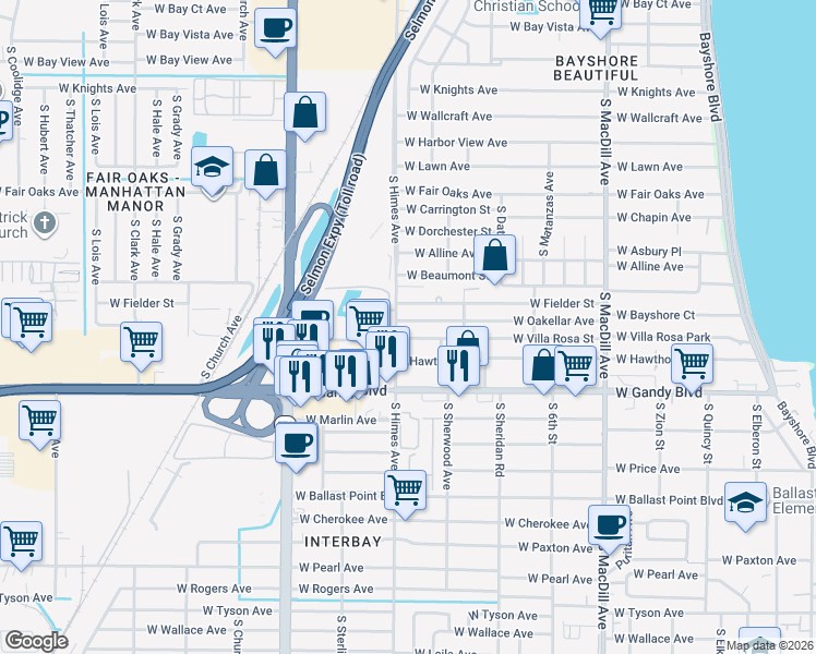map of restaurants, bars, coffee shops, grocery stores, and more near 3414 West Villa Rosa Street in Tampa