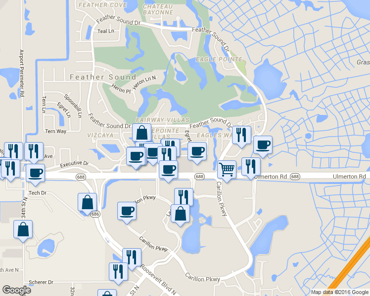 map of restaurants, bars, coffee shops, grocery stores, and more near 2453 Egret Boulevard in Clearwater