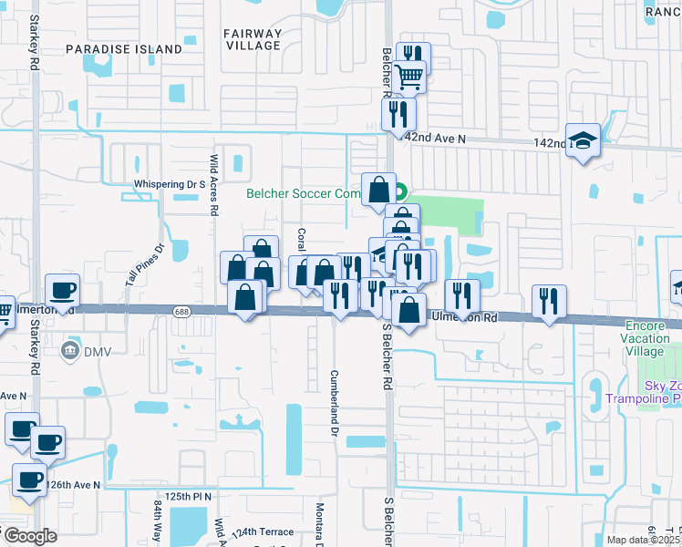 map of restaurants, bars, coffee shops, grocery stores, and more near 2300 South Belcher Road in Largo