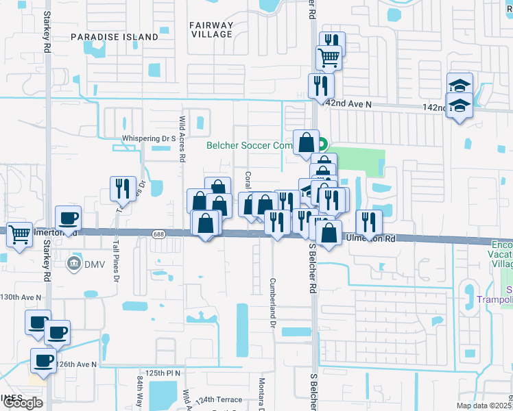 map of restaurants, bars, coffee shops, grocery stores, and more near 3698 135th Avenue North in Largo