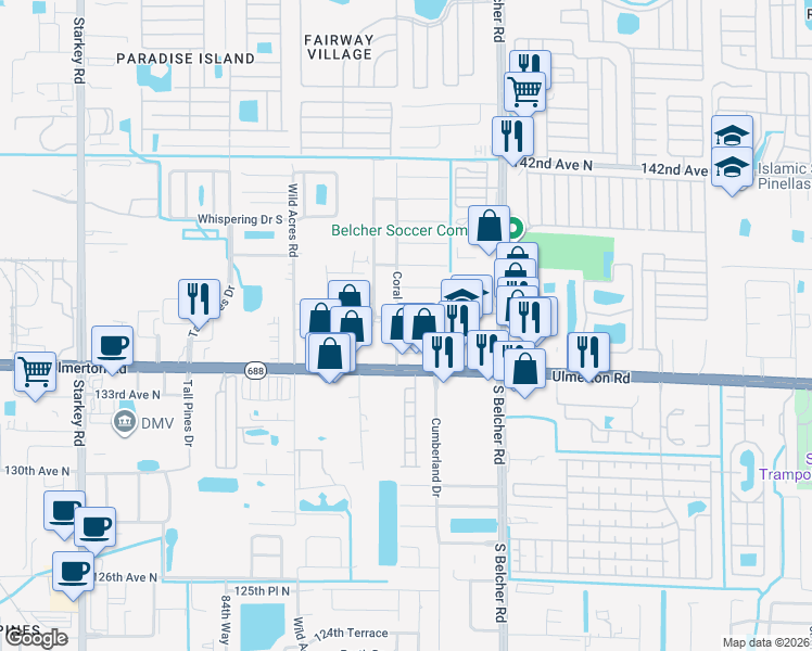 map of restaurants, bars, coffee shops, grocery stores, and more near 3698 135th Avenue North in Largo