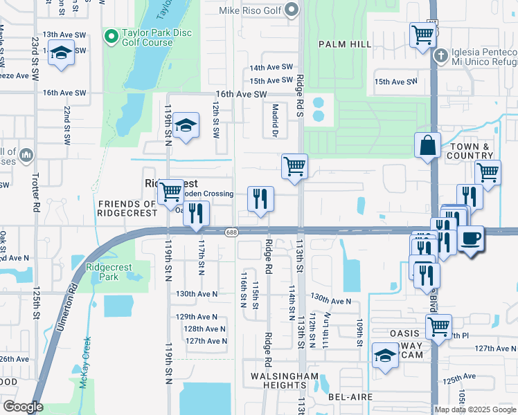 map of restaurants, bars, coffee shops, grocery stores, and more near 11407 Ulmerton Road in Largo
