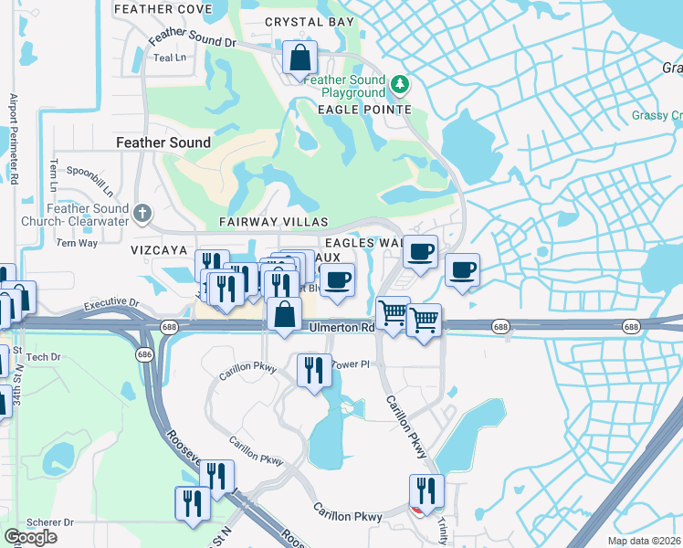 map of restaurants, bars, coffee shops, grocery stores, and more near 2282 Heron Circle in Clearwater