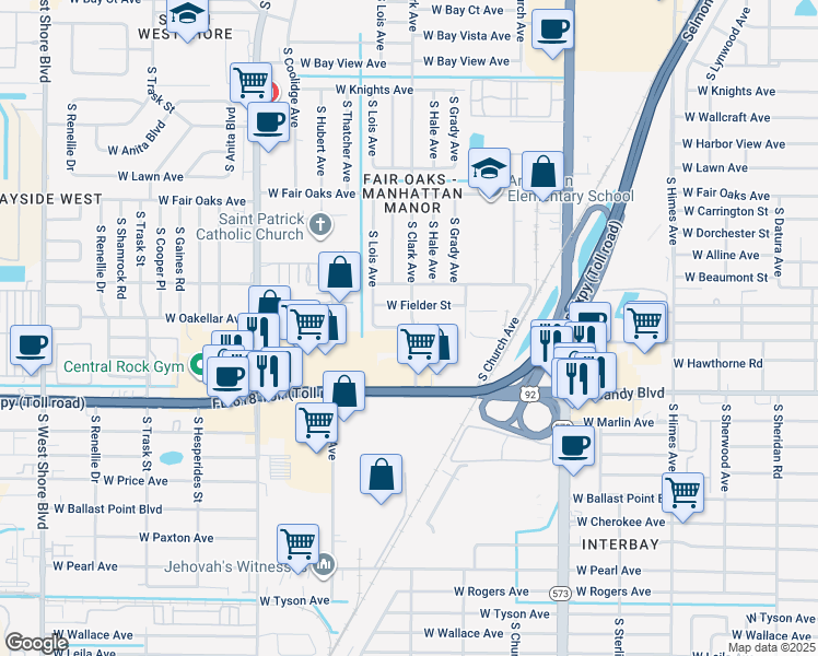 map of restaurants, bars, coffee shops, grocery stores, and more near in Tampa