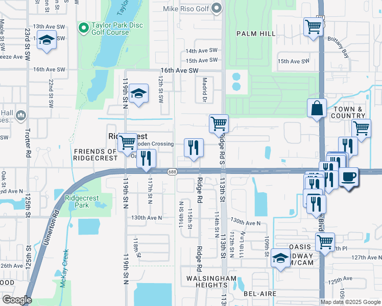 map of restaurants, bars, coffee shops, grocery stores, and more near 11411 Ulmerton Road in Largo