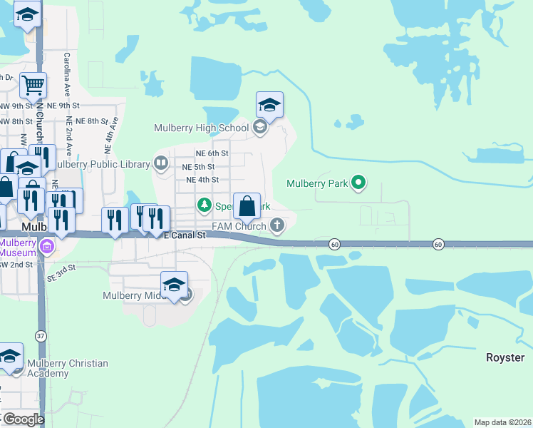 map of restaurants, bars, coffee shops, grocery stores, and more near 1410 Northeast 1st Street in Mulberry