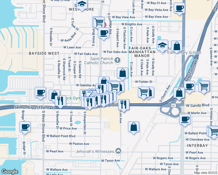 map of restaurants, bars, coffee shops, grocery stores, and more near 4315 West Gandy Boulevard in Tampa