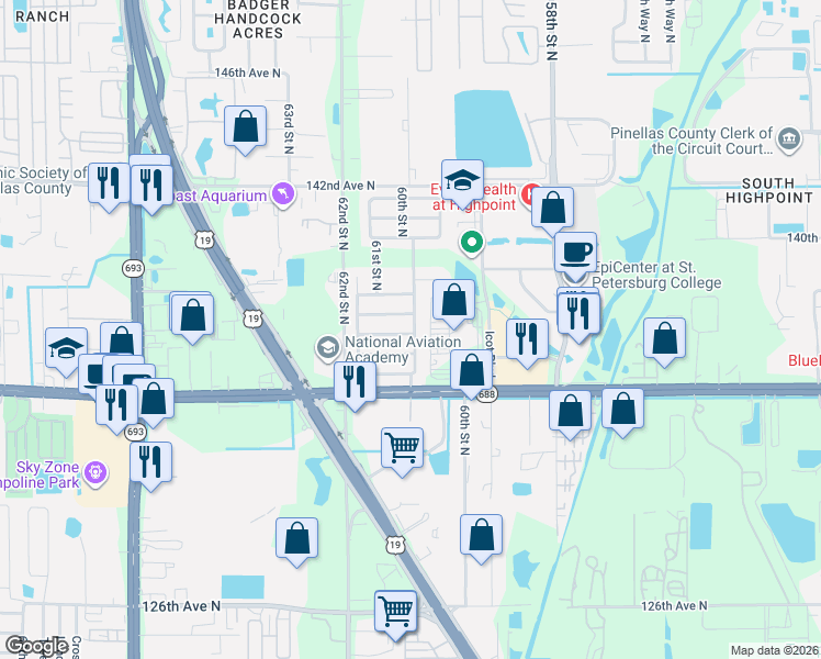 map of restaurants, bars, coffee shops, grocery stores, and more near 6052 137th Avenue North in Clearwater