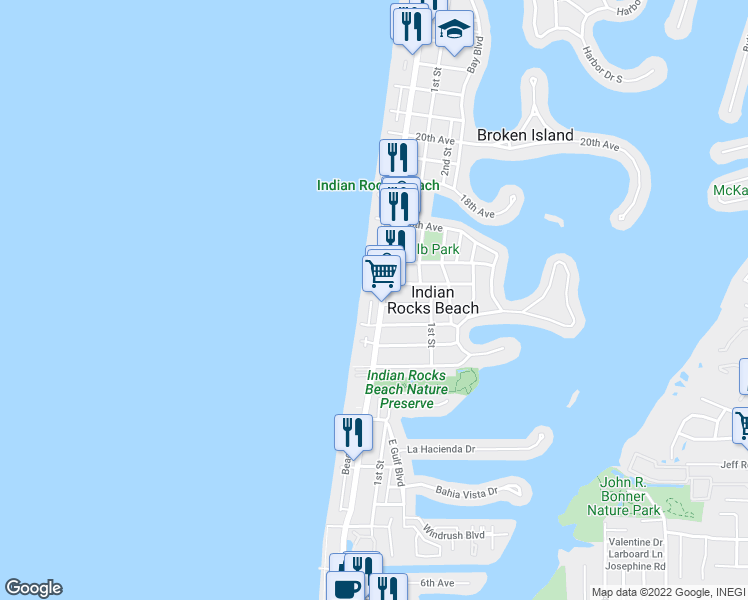 map of restaurants, bars, coffee shops, grocery stores, and more near 1206 Beach Trail in Indian Rocks Beach