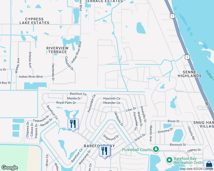 map of restaurants, bars, coffee shops, grocery stores, and more near 6654 Topaz Drive in Grant-Valkaria
