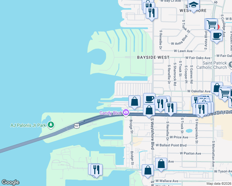 map of restaurants, bars, coffee shops, grocery stores, and more near 20 15th Boulevard in Tampa