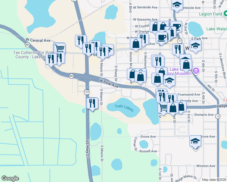 map of restaurants, bars, coffee shops, grocery stores, and more near 255-279 Twin Lake Boulevard in Lake Wales