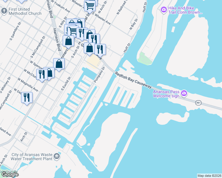 map of restaurants, bars, coffee shops, grocery stores, and more near 131 Sea Mist Drive in Aransas Pass