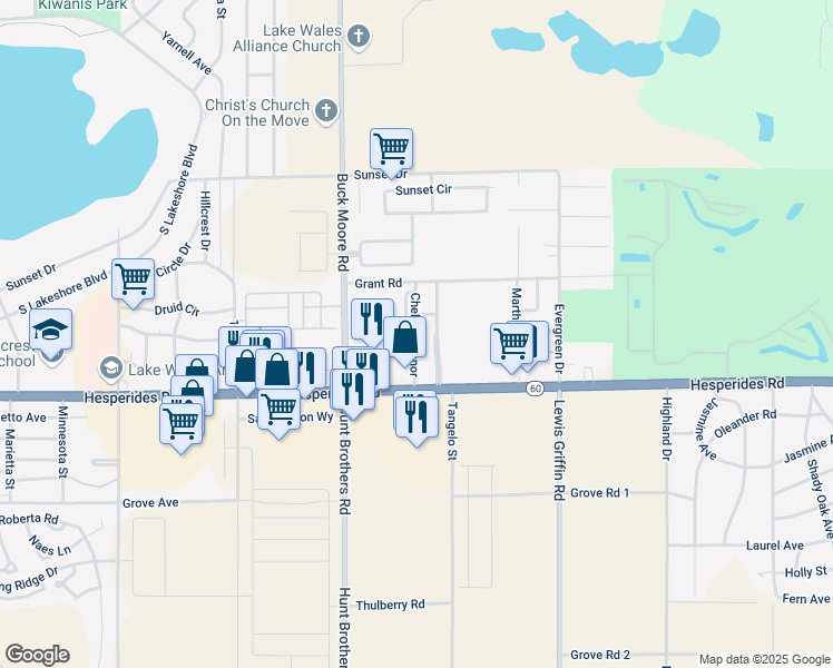 map of restaurants, bars, coffee shops, grocery stores, and more near 98 Chelette Manor in Lake Wales