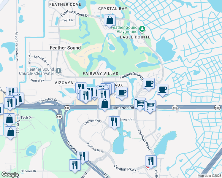 map of restaurants, bars, coffee shops, grocery stores, and more near 2473 Kingfisher Lane in Clearwater